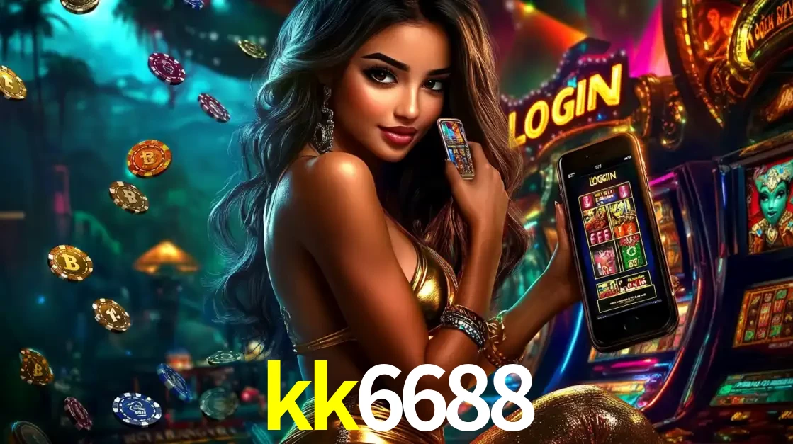 Mulher em um cenário de cassino temático de aventura, mostrando o app de caça-níqueis da kk6688 no celular. Fichas de apostas flutuam ao redor.