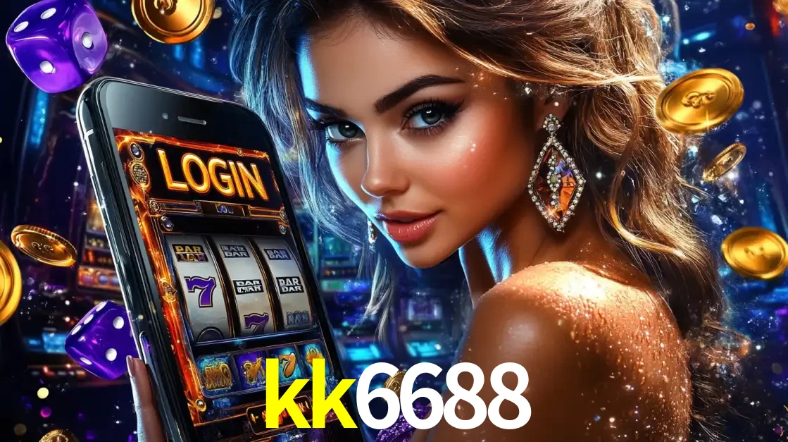 Mulher glamorosa segurando um smartphone com a tela de login para os jogos de caça-níqueis do cassino online kk6688, com moedas de ouro e dados ao redor.