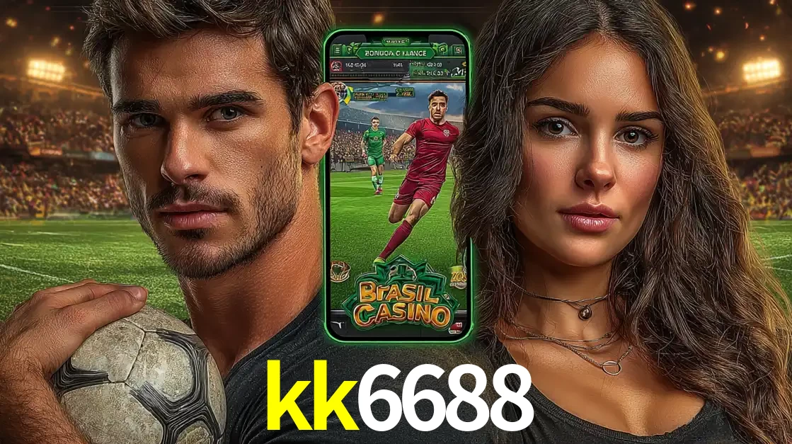 Homem segurando uma bola de futebol e uma mulher ao lado de um smartphone exibindo o jogo de apostas esportivas da kk6688. Faça seu palpite no cassino online.